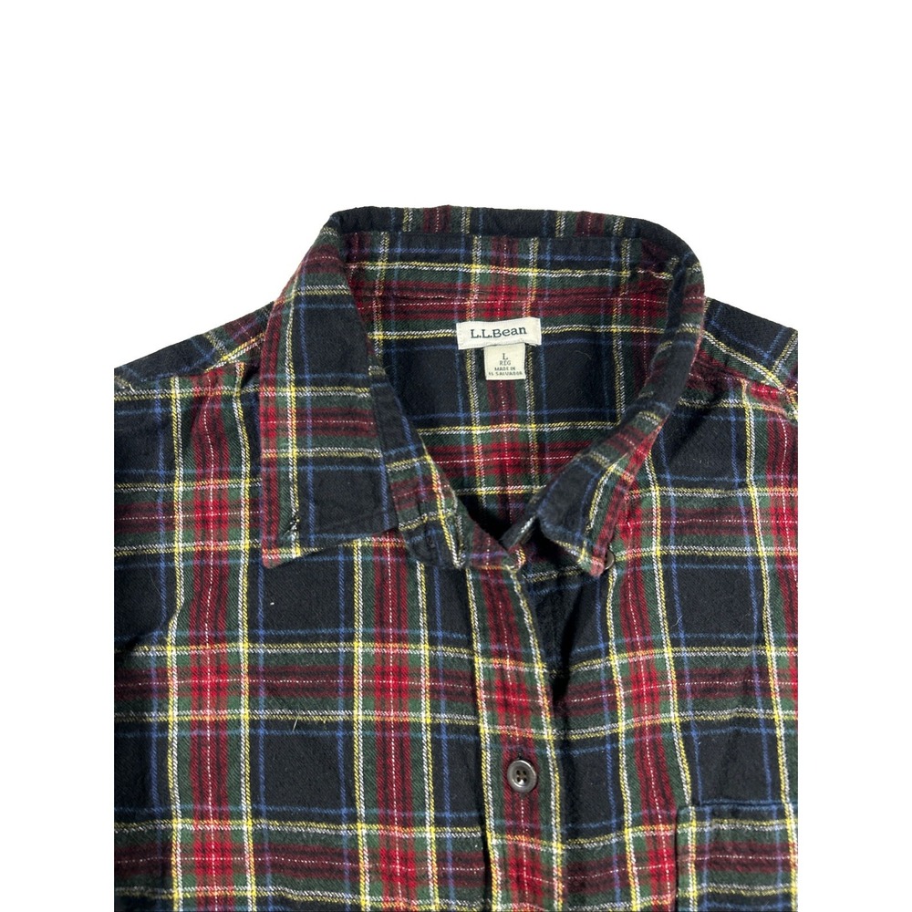 LL Bean Flannel Shirt Womens L Petite Red Plaid Button Down Long Sleeve Cotton